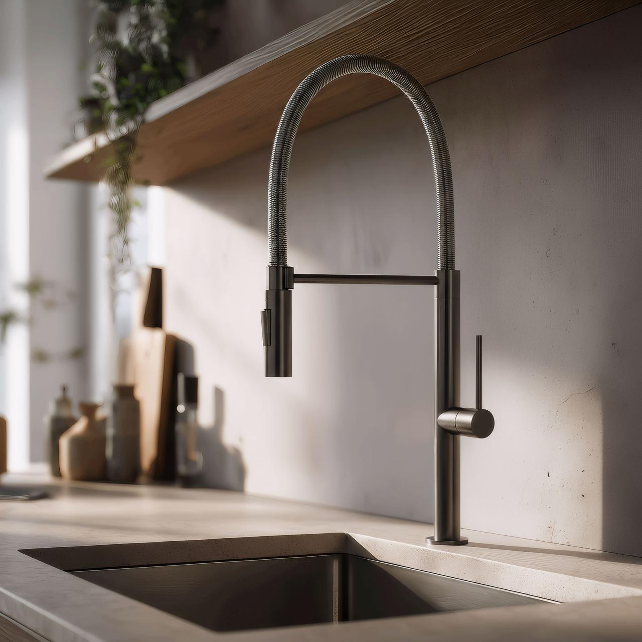 Pure.Sink Luxion Gun metal professional kitchen faucet with flexible spout and 2 spray modes PLXFLEX-61