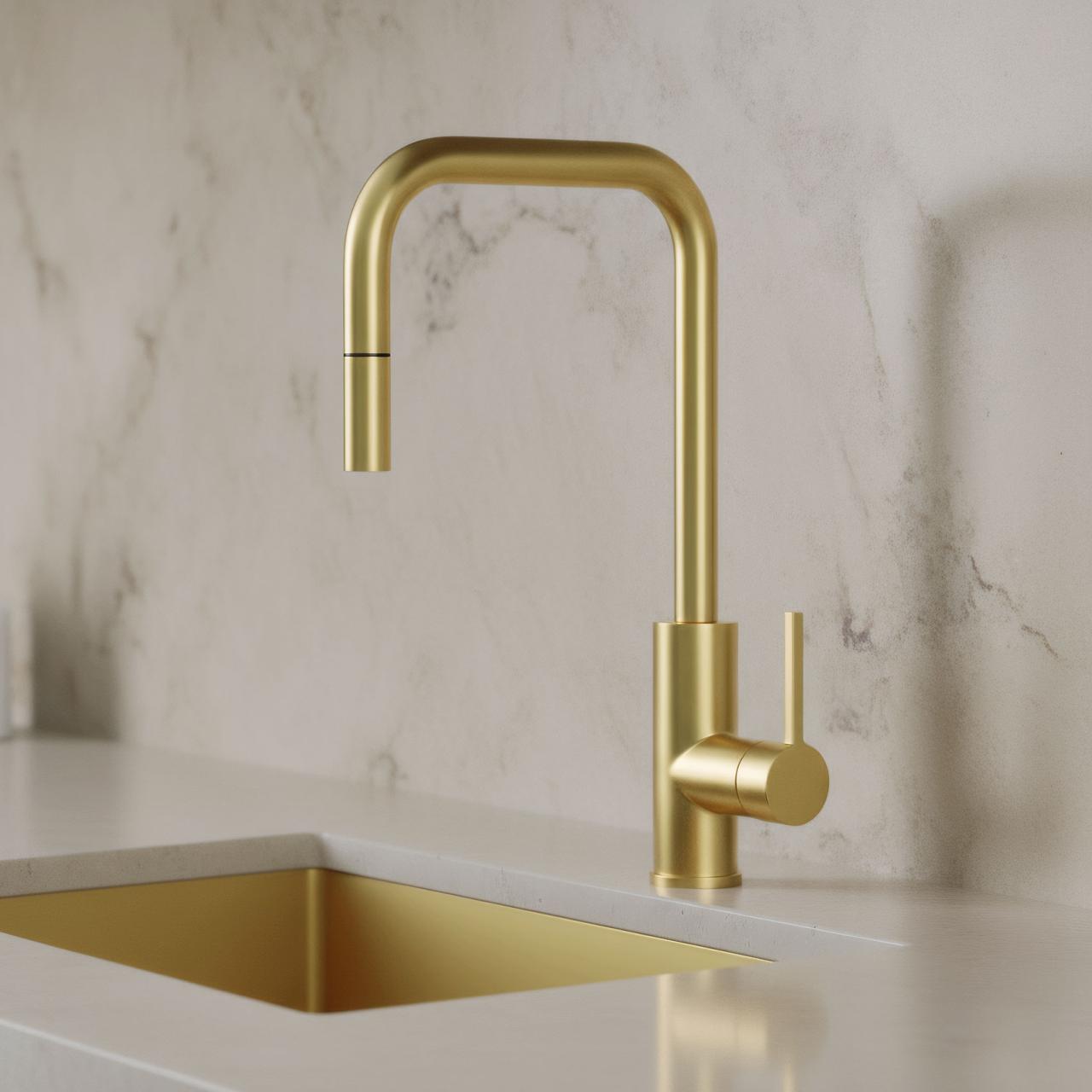 Pure.Sink Luxion Goldener Küchenwasserhahn Square mit ausziehbarem Auslauf PLXSQUA-60