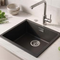 Zwarte spoelbak 40x40cm onderbouw en opbouw met automatische RVS plug 1208971836