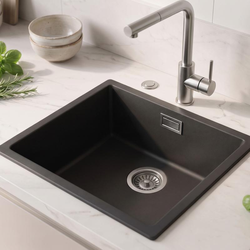 Zwarte spoelbak 40x40cm onderbouw en opbouw met automatische RVS plug 1208971836