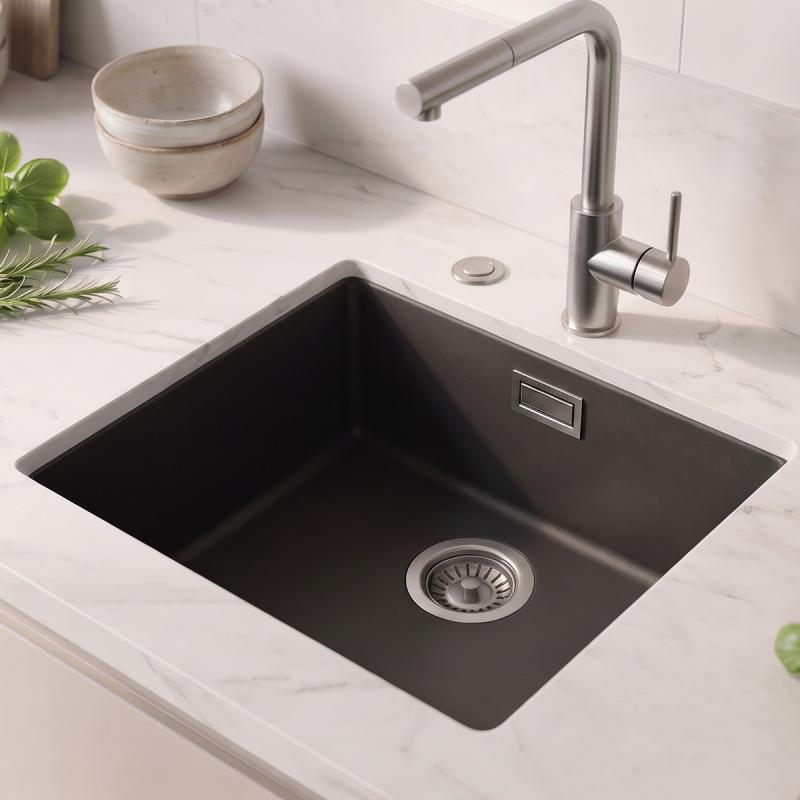Zwarte spoelbak 40x40cm onderbouw en opbouw met automatische RVS plug 1208971836