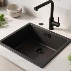 Zwarte spoelbak 40x40cm onderbouw en opbouw met automatische zwarte plug 1208971851