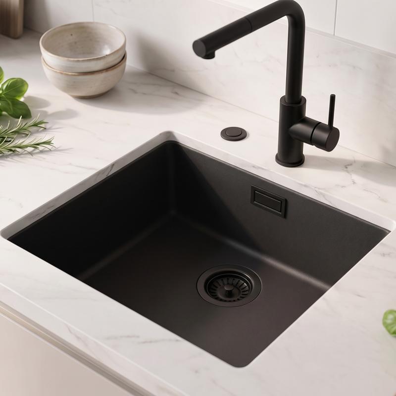 Zwarte spoelbak 40x40cm onderbouw en opbouw met automatische zwarte plug 1208971851