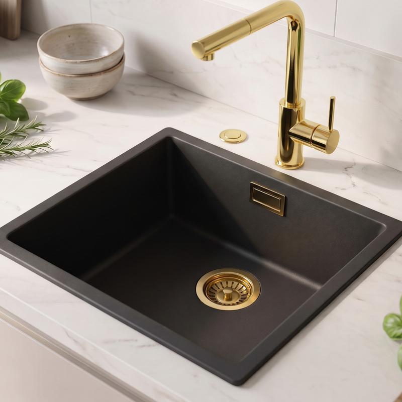 Zwarte spoelbak 40x40cm onderbouw en opbouw met automatische gouden plug 1208971853