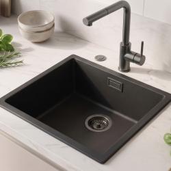 Zwarte spoelbak 40x40cm onderbouw en opbouw met automatische gun metal plug 1208971854
