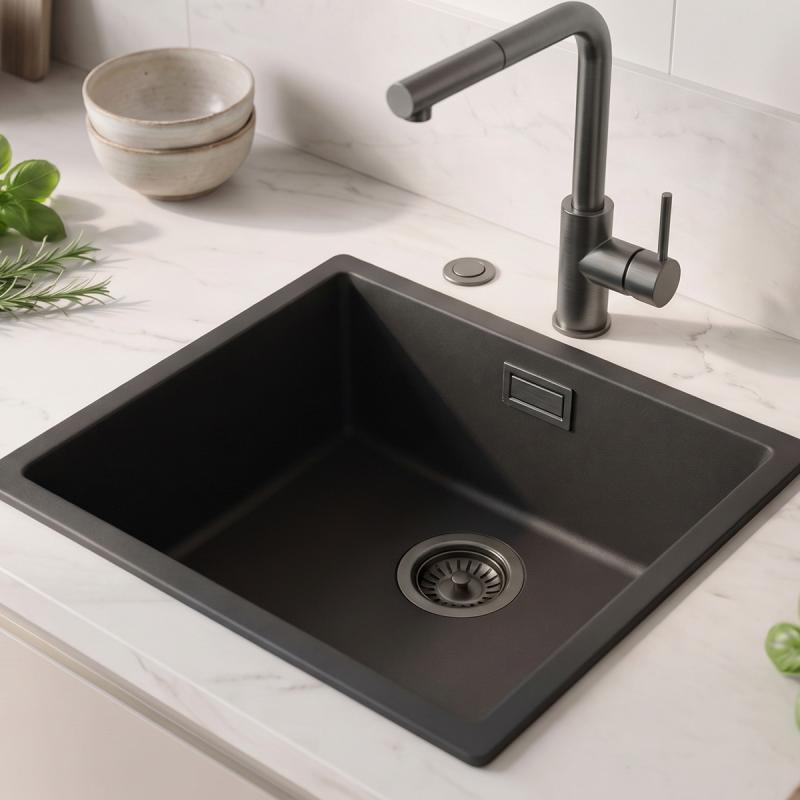 Zwarte spoelbak 40x40cm onderbouw en opbouw met automatische gun metal plug 1208971854