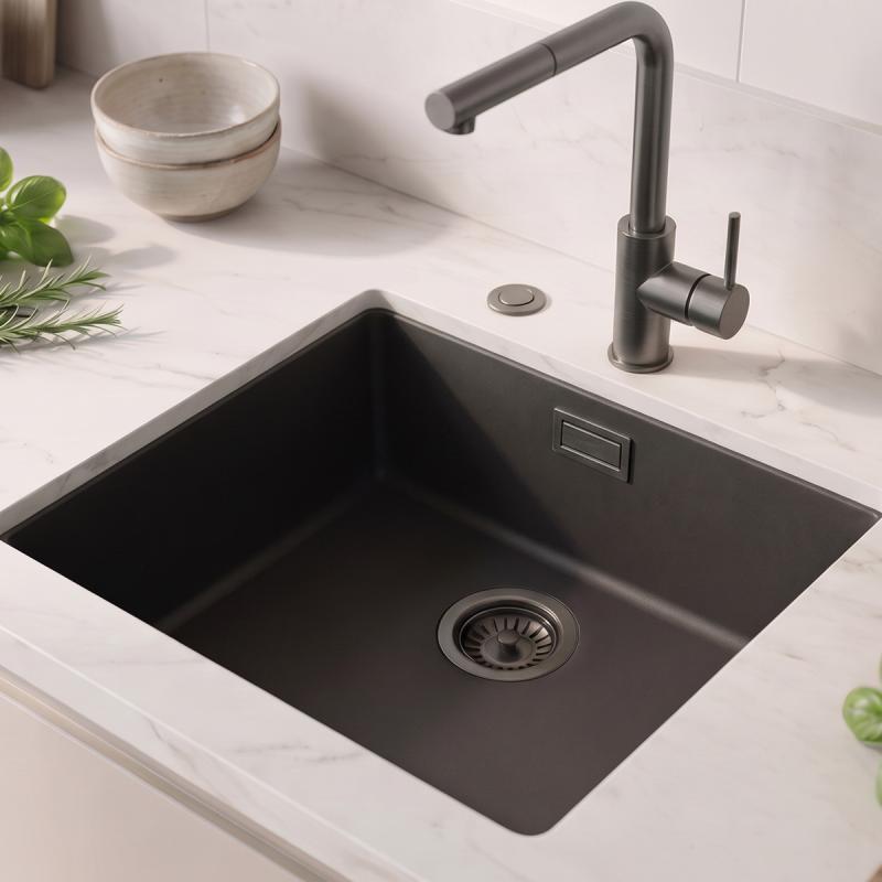 Zwarte spoelbak 40x40cm onderbouw en opbouw met automatische gun metal plug 1208971854
