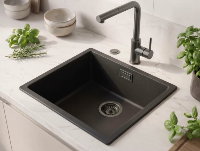 Zwarte spoelbak 40x40cm onderbouw en opbouw met automatische gun metal plug 1208971854