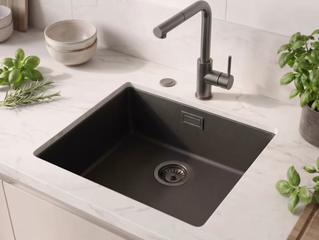 Zwarte spoelbak 40x40cm onderbouw en opbouw met automatische gun metal plug 1208971854
