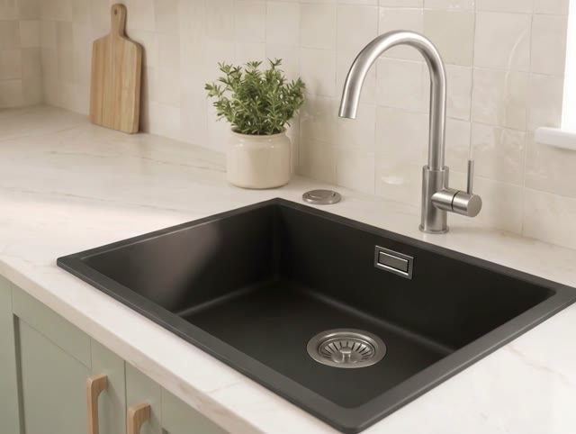 Zwarte spoelbak 50x40cm onderbouw en opbouw met automatische rvs plug 1208971855