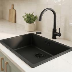 Zwarte spoelbak 50x40cm onderbouw en opbouw met automatische zwarte plug 1208971856