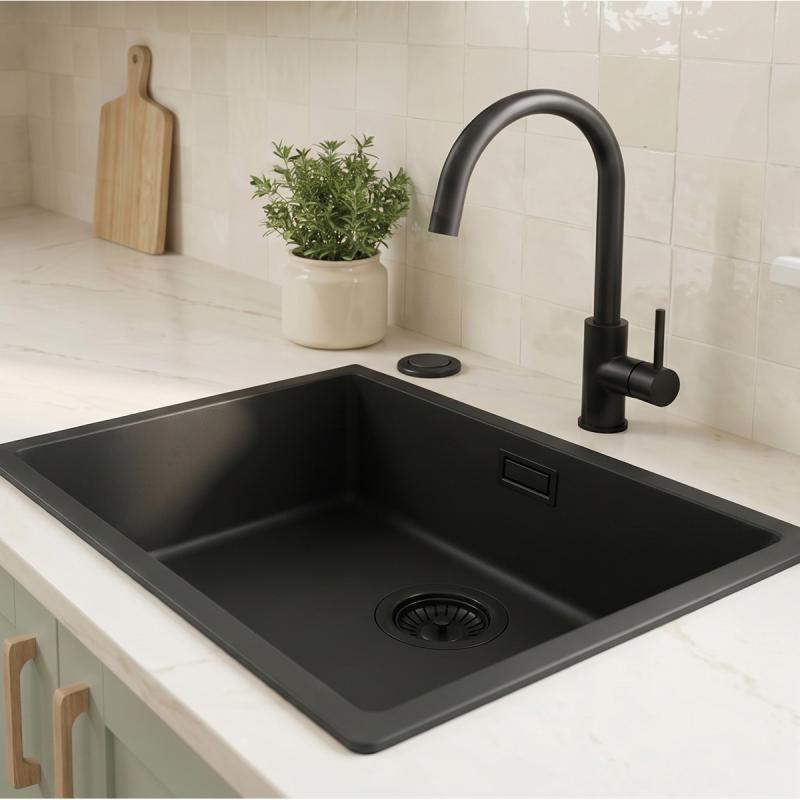 Zwarte spoelbak 50x40cm onderbouw en opbouw met automatische zwarte plug 1208971856