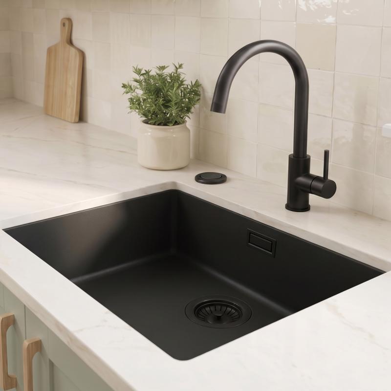 Zwarte spoelbak 50x40cm onderbouw en opbouw met automatische zwarte plug 1208971856