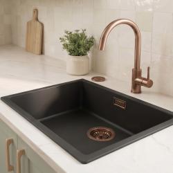 Zwarte spoelbak 50x40cm onderbouw en opbouw met automatische koperen plug 1208971858