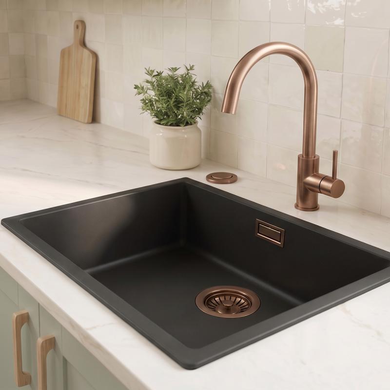 Zwarte spoelbak 50x40cm onderbouw en opbouw met automatische koperen plug 1208971858