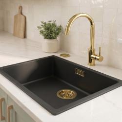 Zwarte spoelbak 50x40cm onderbouw en opbouw met automatische gouden plug 1208971859