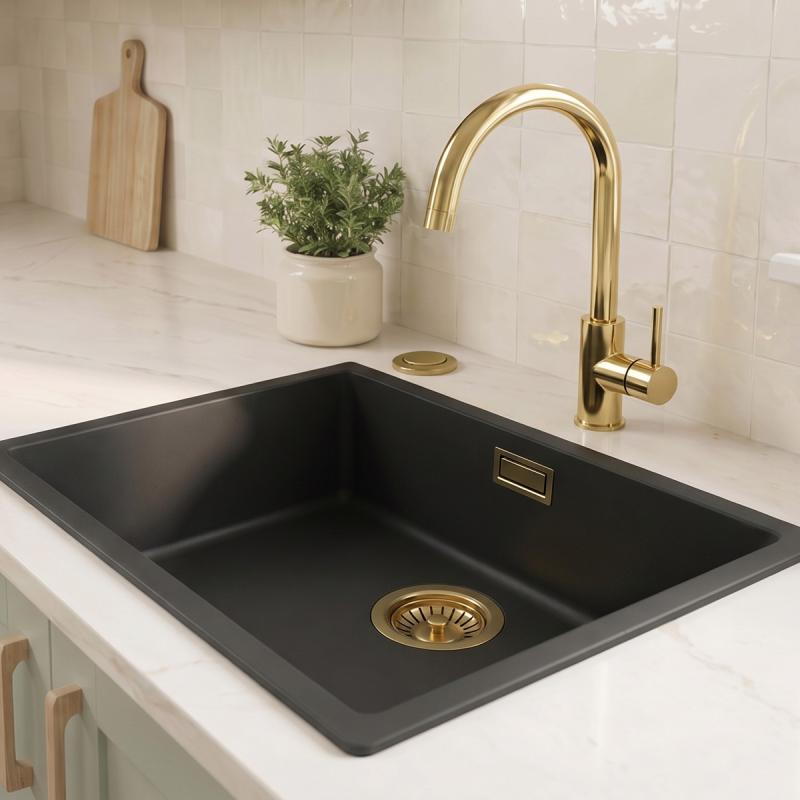 Zwarte spoelbak 50x40cm onderbouw en opbouw met automatische gouden plug 1208971859