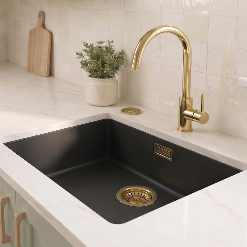 Zwarte spoelbak 50x40cm onderbouw en opbouw met automatische gouden plug 1208971859