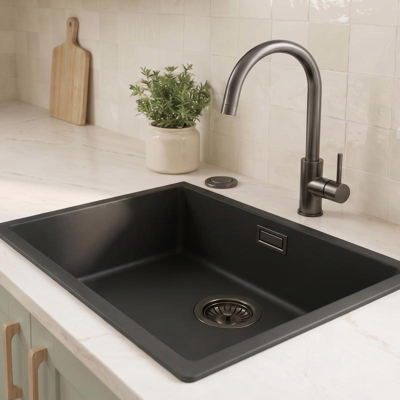 Zwarte spoelbak 50x40cm onderbouw en opbouw met automatische gun metal plug 1208971860