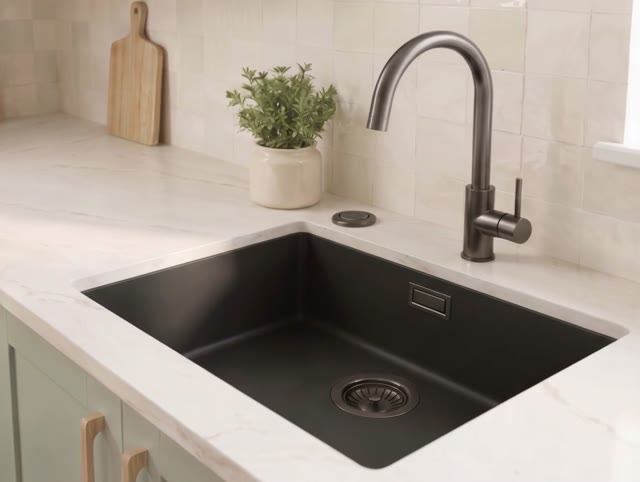 Zwarte spoelbak 50x40cm onderbouw en opbouw met automatische gun metal plug 1208971860