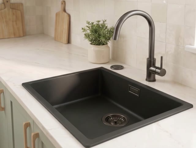 Zwarte spoelbak 50x40cm onderbouw en opbouw met automatische gun metal plug 1208971860