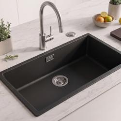 Zwart grote spoelbak 70x40cm onderbouw en opbouw met automatische rvs plug 1208971861