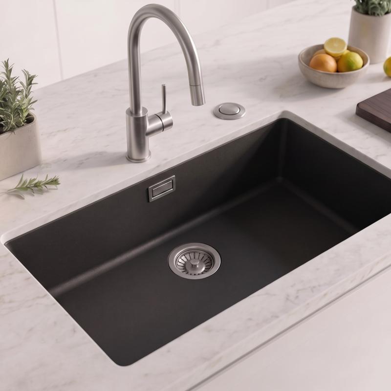 Zwart grote spoelbak 70x40cm onderbouw en opbouw met automatische rvs plug 1208971861