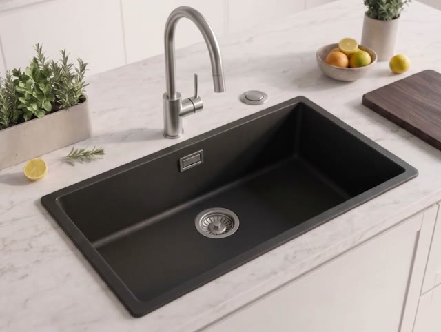Zwart grote spoelbak 70x40cm onderbouw en opbouw met automatische rvs plug 1208971861