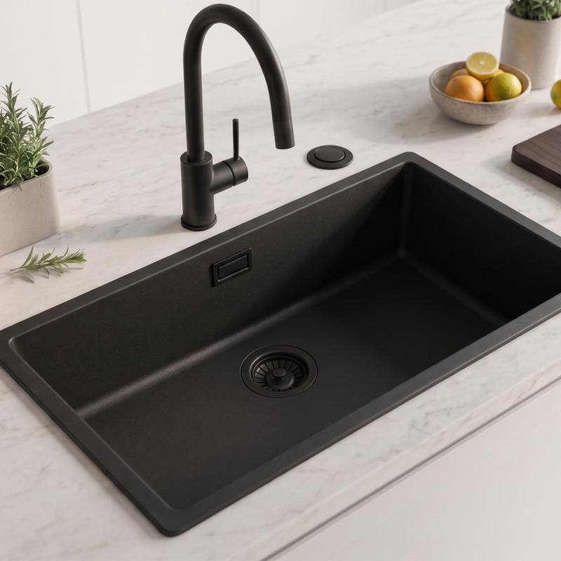 Zwart grote spoelbak 70x40cm onderbouw en opbouw met automatische zwarte plug 1208971862