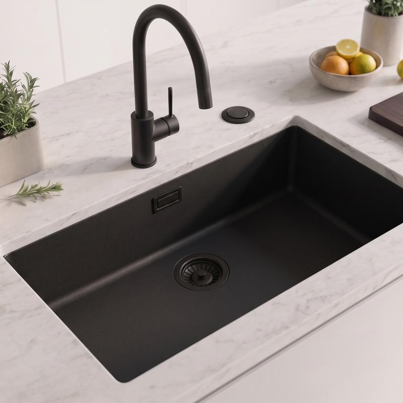 Zwart grote spoelbak 70x40cm onderbouw en opbouw met automatische zwarte plug 1208971862