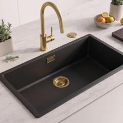 Zwart grote spoelbak 70x40cm onderbouw en opbouw met automatische gouden plug 1208971864
