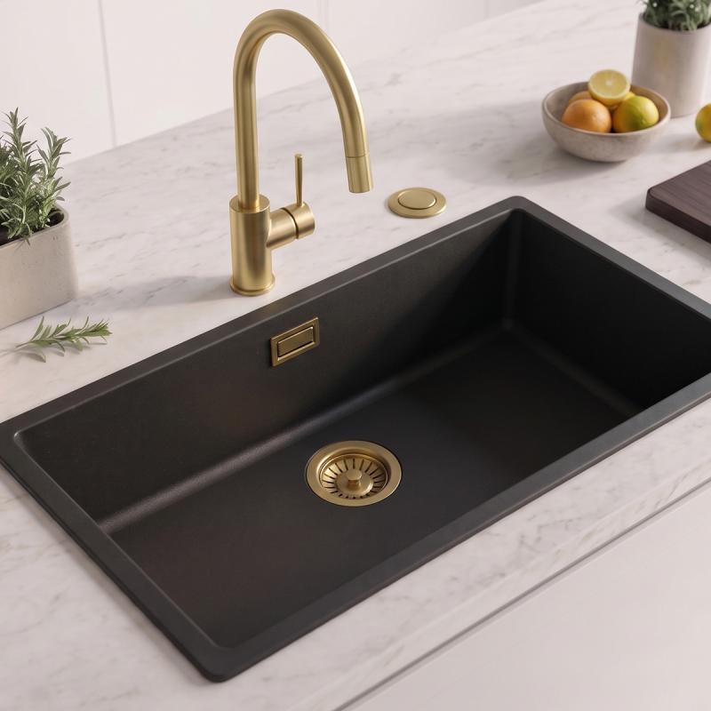 Zwart grote spoelbak 70x40cm onderbouw en opbouw met automatische gouden plug 1208971864