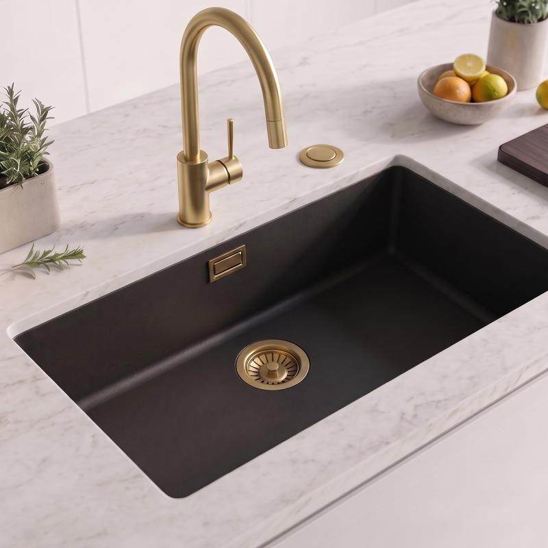 Zwart grote spoelbak 70x40cm onderbouw en opbouw met automatische gouden plug 1208971864