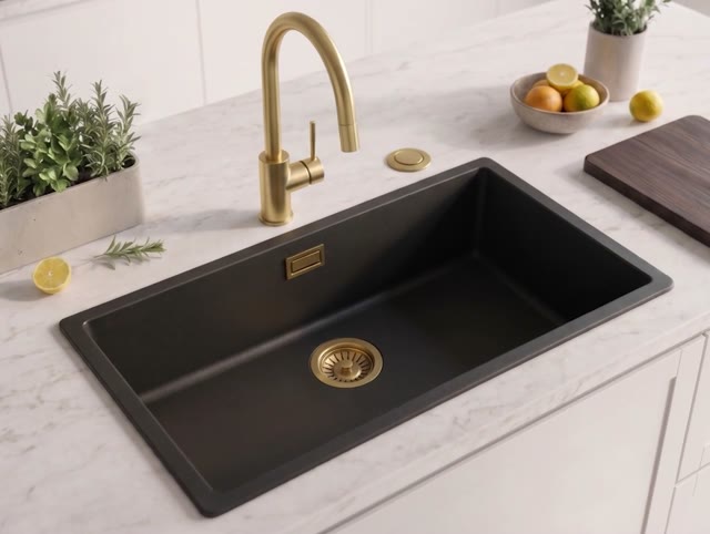 Zwart grote spoelbak 70x40cm onderbouw en opbouw met automatische gouden plug 1208971864
