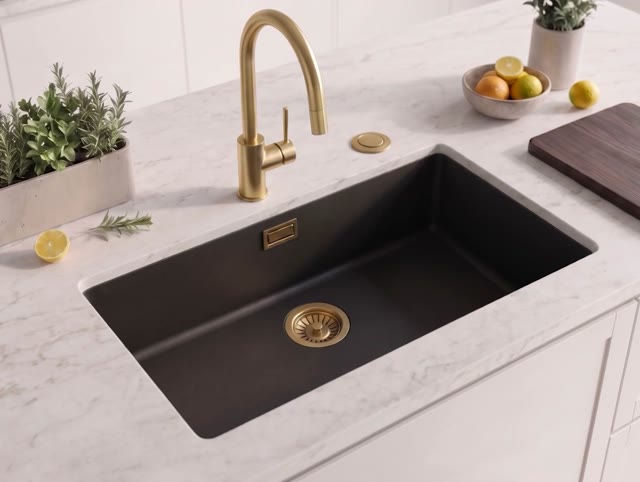 Zwart grote spoelbak 70x40cm onderbouw en opbouw met automatische gouden plug 1208971864