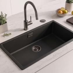 Zwart grote spoelbak 70x40cm onderbouw en opbouw met automatische gun metal plug 1208971865