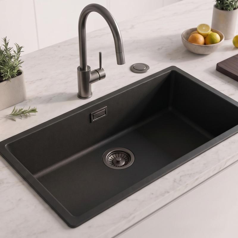 Zwart grote spoelbak 70x40cm onderbouw en opbouw met automatische gun metal plug 1208971865