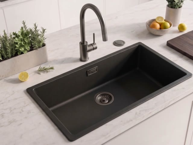 Zwart grote spoelbak 70x40cm onderbouw en opbouw met automatische gun metal plug 1208971865