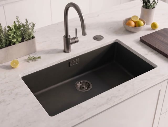 Zwart grote spoelbak 70x40cm onderbouw en opbouw met automatische gun metal plug 1208971865