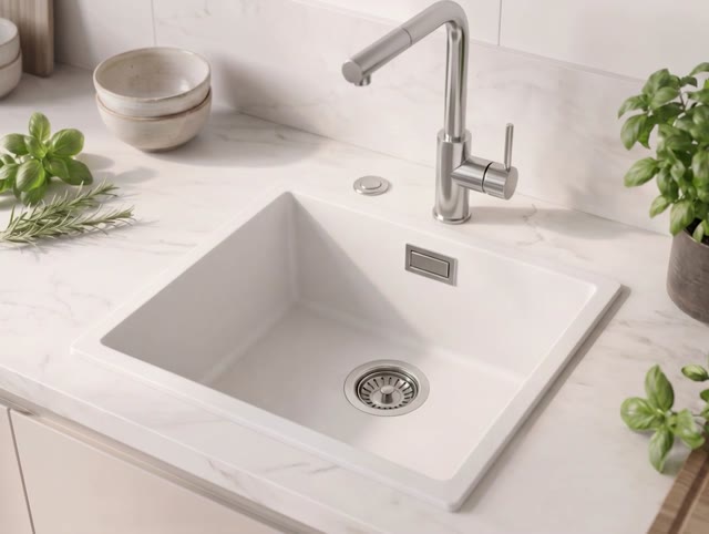 Witte spoelbak 40x40cm onderbouw en opbouw met automatische rvs plug 1208971891