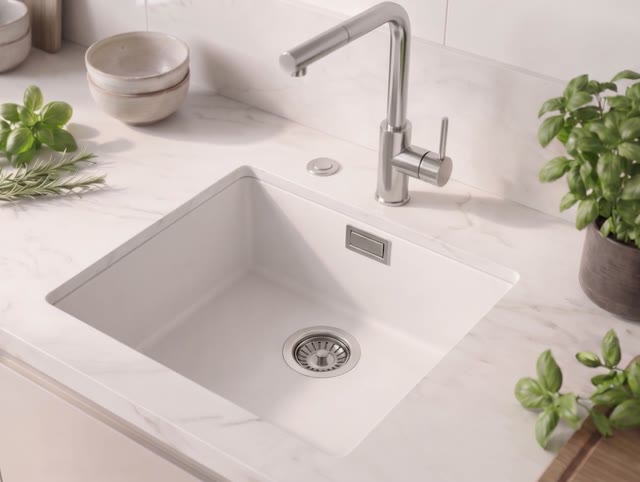 Witte spoelbak 40x40cm onderbouw en opbouw met automatische rvs plug 1208971891