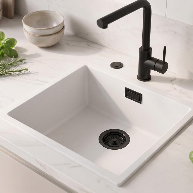 Witte spoelbak 40x40cm onderbouw en opbouw met automatische zwarte plug 1208971892