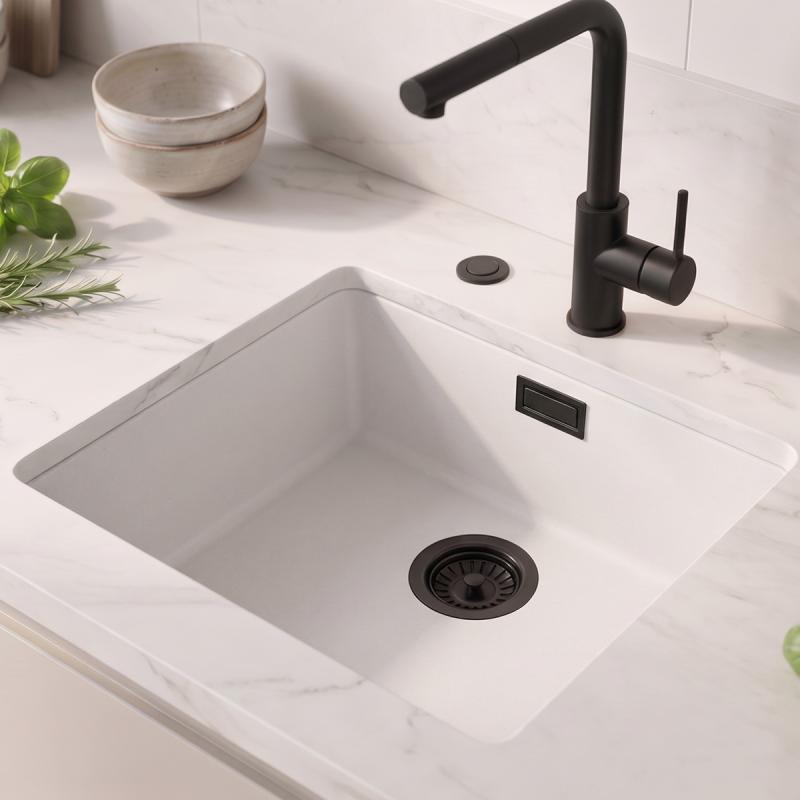 Witte spoelbak 40x40cm onderbouw en opbouw met automatische zwarte plug 1208971892