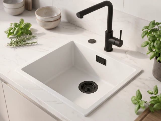 Witte spoelbak 40x40cm onderbouw en opbouw met automatische zwarte plug 1208971892