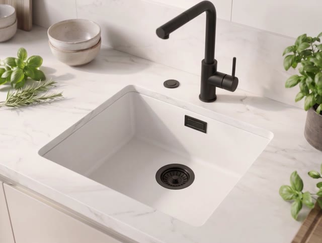 Witte spoelbak 40x40cm onderbouw en opbouw met automatische zwarte plug 1208971892