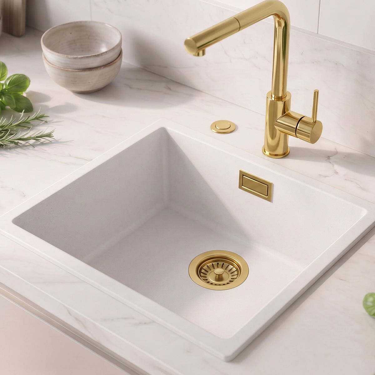 White sink, 40x40 cm, undermount and top-mount, with automatic gold drain plug 1208971894