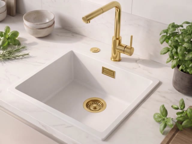 Witte spoelbak 40x40cm onderbouw en opbouw met automatische gouden plug 1208971894