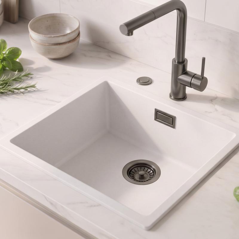 Witte spoelbak 40x40cm onderbouw en opbou met automatische gun metal plug 1208971895