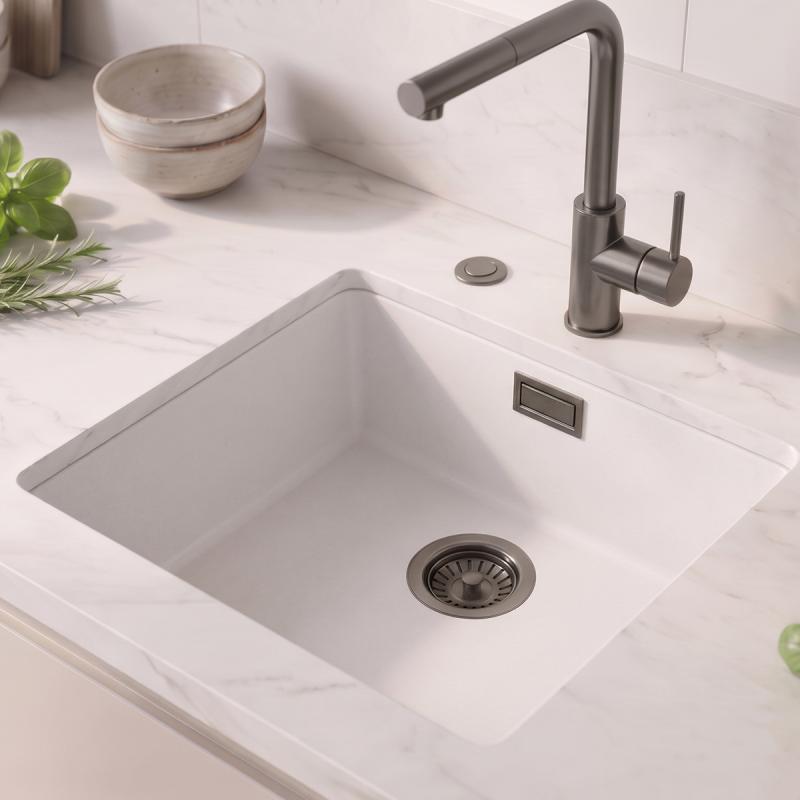 Witte spoelbak 40x40cm onderbouw en opbou met automatische gun metal plug 1208971895
