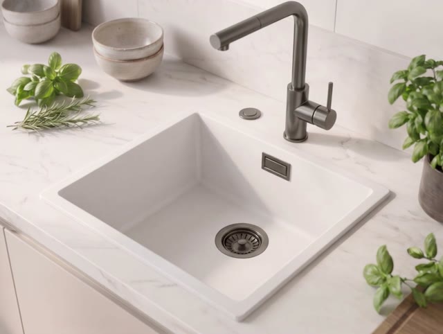 Witte spoelbak 40x40cm onderbouw en opbou met automatische gun metal plug 1208971895